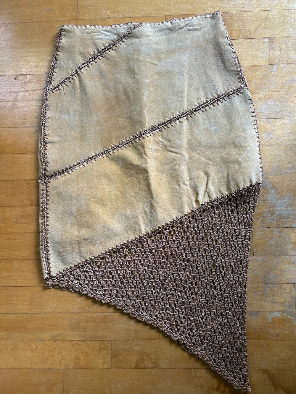 Asymmetric Two-Tone Crochet Panel Skirt - Brown/Cream